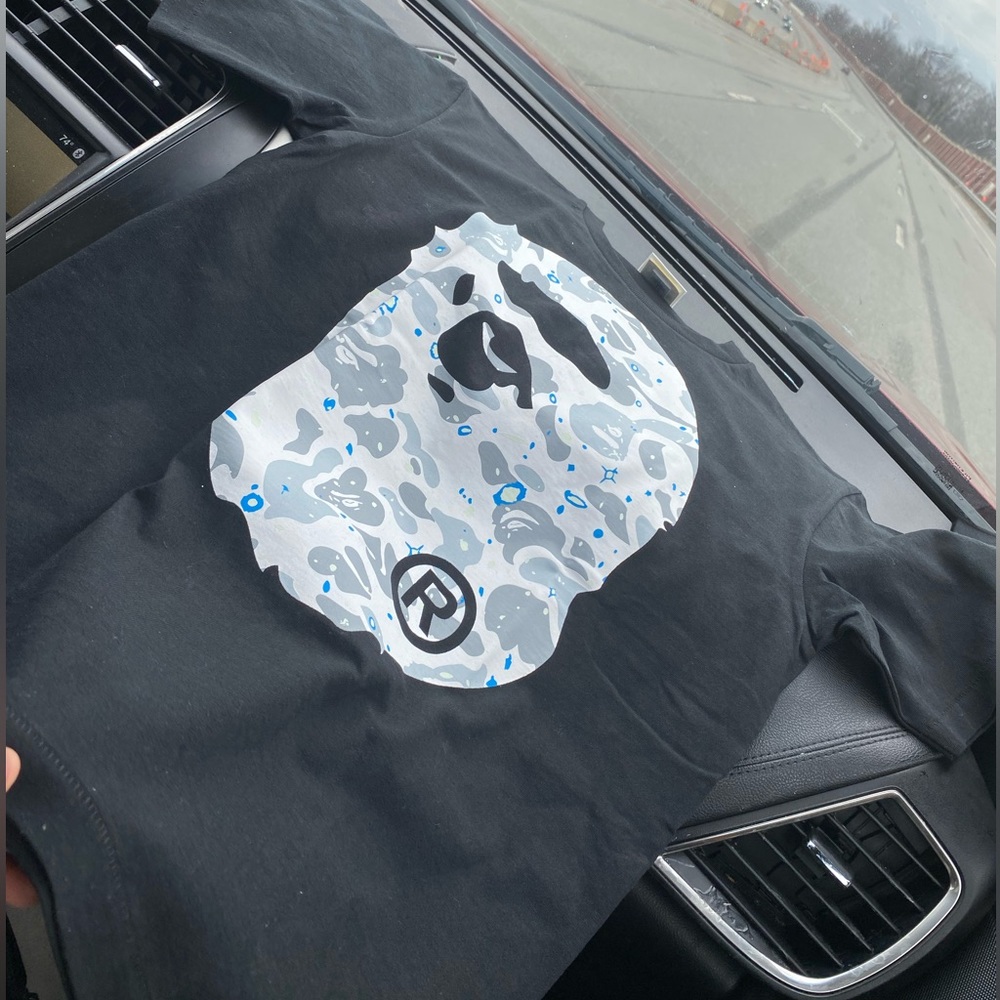 Black , white ,and grey bape shirt